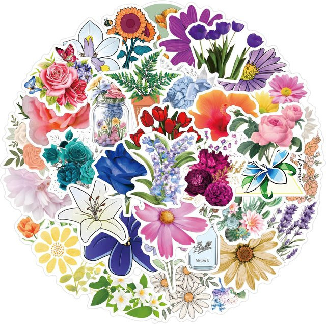 50 wasserfeste florale Blumen Doodle Aufkleber in Multicolour für Notizbücher, Gitarren und Koffer - Bild 1