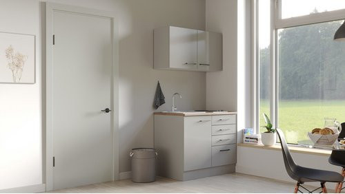 Flex-Well Miniküche Lund mit Elektrogeräten, Breite: 100 cm, Lichtgrau und Rauchgrau glänzend - Bild 1