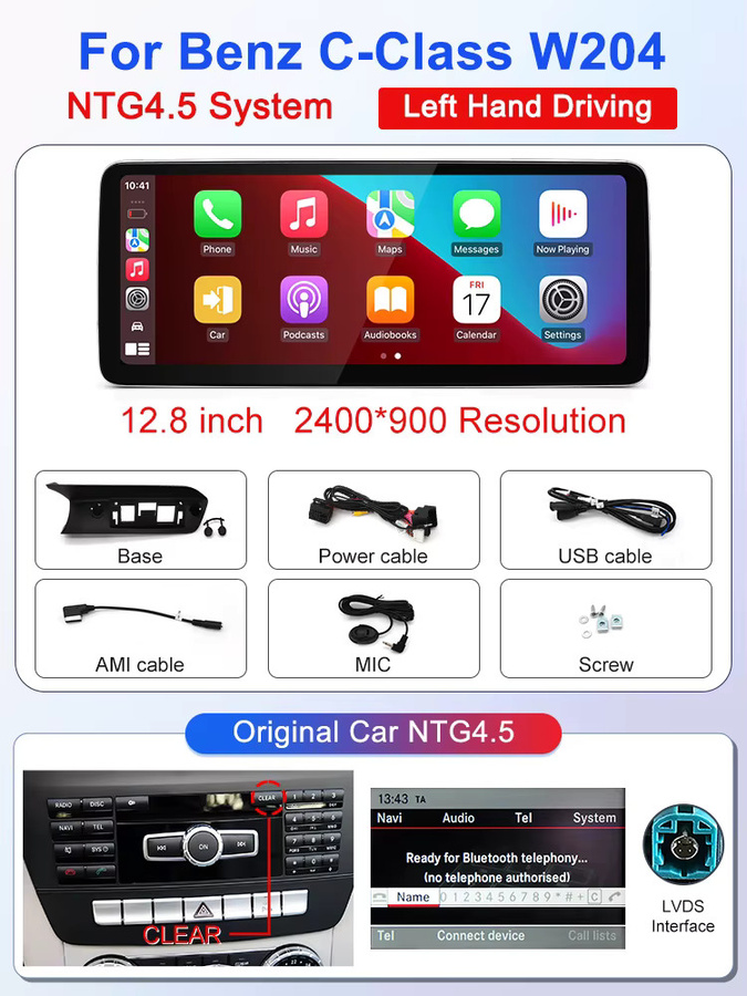 STWEI 12,8 Zoll Schlanker Bildschirm mit Linux-System und kabellosem CarPlay für Mercedes-Benz C-Klasse W204 S204, Auflösung 2400x900, Schwarz - Bild 5
