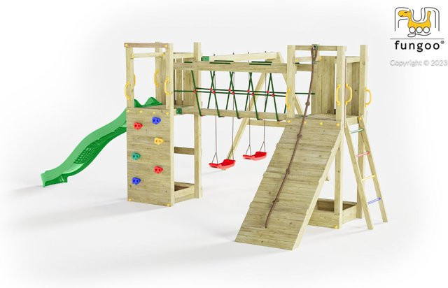 Fungoo Spielturm Maxi Funny Exposure in Natur mit Doppelschaukel, Rutsche, Kletterwand und Rampe - Bild 1