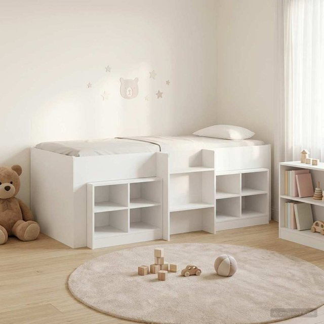 Yiwydaa Hochbett für Erwachsene mit Stauraumschrank und Regal in Weiß - Bild 1