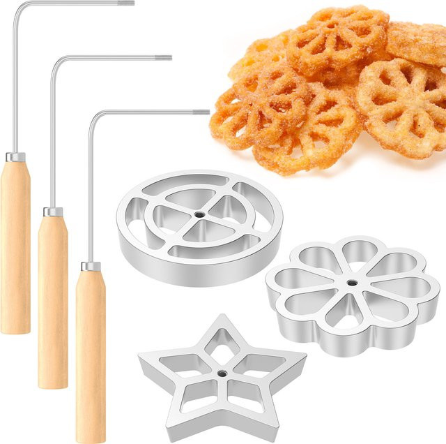 3-teiliges Bunuelos-Form-Set aus silberfarbener Aluminiumlegierung mit antihaftbeschichteten Rosettenformen und Holzgriffen - Bild 1