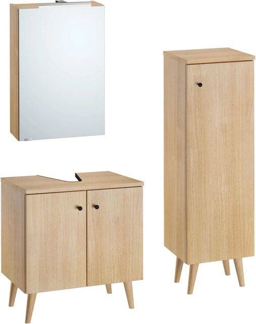 Erst-Holz Badmöbel Set in Eiche-Dekor mit Spiegelschrank, Waschtisch und Hochschrank in Braun Matt - Bild 1