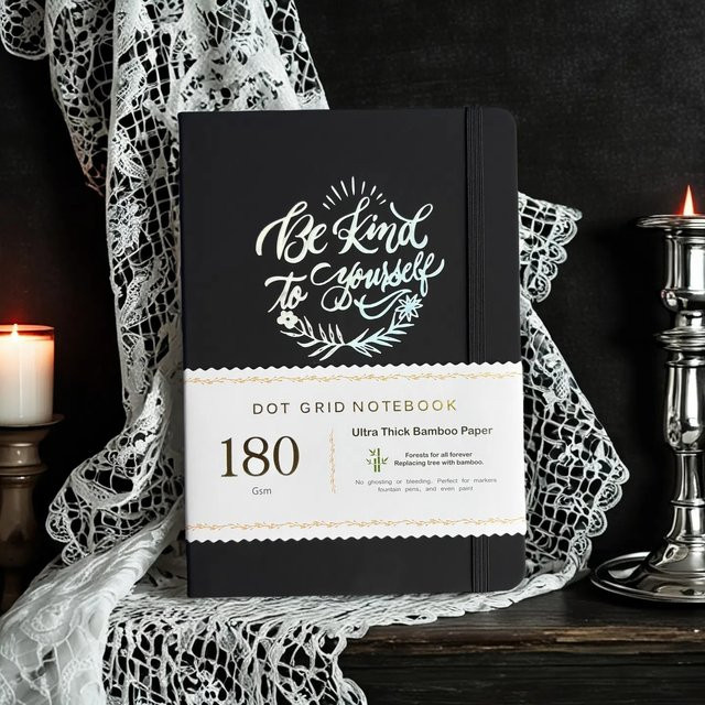 Buke Notebook Hardcover Dot Grid Journal A5 mit 160 Seiten, weißes Papier 180 g/m2, schwarz mit silbernen Kanten und elastischem Verschluss - Bild 1