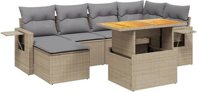 vidaXL 7-tlg Garten-Sofagarnitur in L-Form aus Poly-Rattan und Akazienholz mit beigen Kissen, Beige - Bild 1