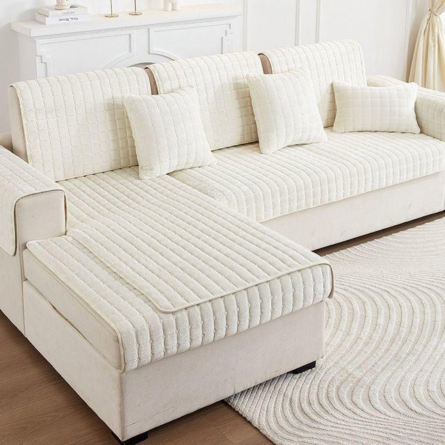 Rutschfester Plüsch Sofabezug von HOMEMOTION in Beige, Universal Fleece Couchbezug für alle Jahreszeiten, Breite: 90 cm, Länge: 240 cm - Bild 1