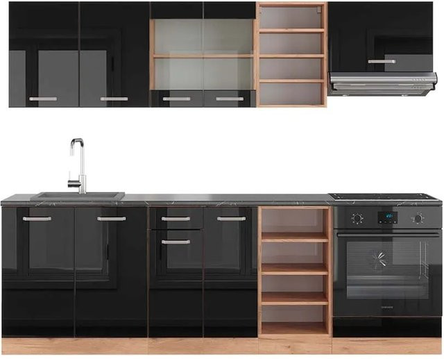Vicco R-Line Küchenzeile Schwarz Hochglanz und Goldkraft Eiche, Breite: 240 cm, Farbe: Anthrazit - Bild 1