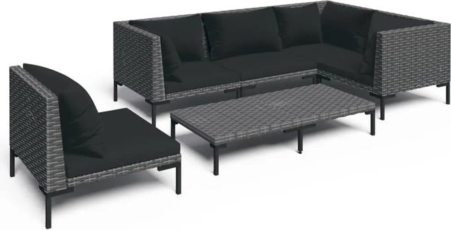 vidaXL 6-teiliges Garten-Lounge-Set in U-Form aus Poly-Rattan mit Kissen und Couchtisch in Dunkelgrau und Schwarz - Bild 1