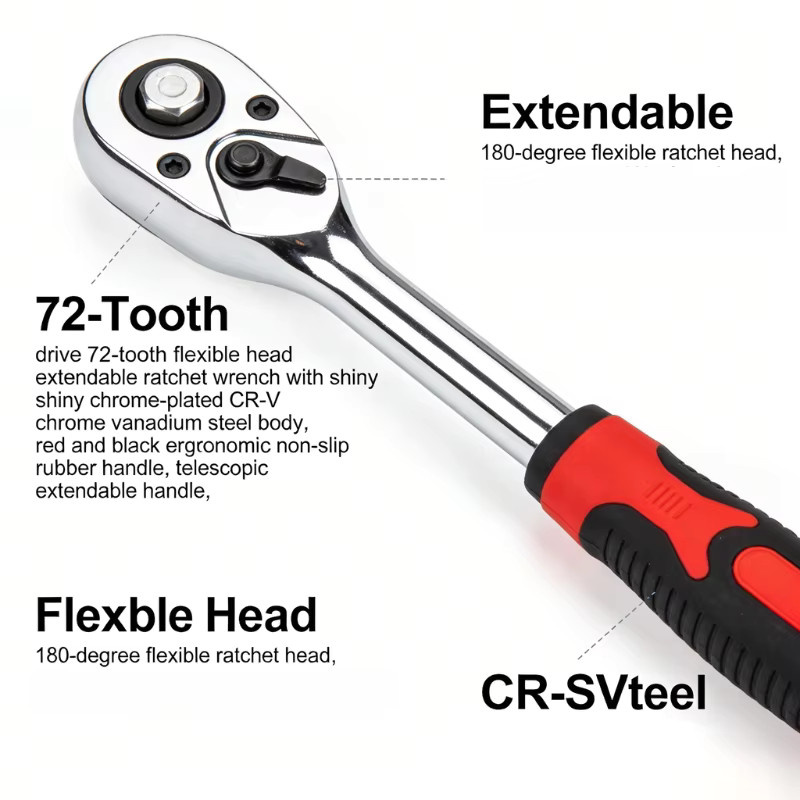 Ratschenschlüssel Set aus Chrome Vanadium Stahl mit 72 Zähnen, ausziehbar und flexibel, 1/4 Zoll, 3/8 Zoll und 1/2 Zoll für Autoreparatur und Heimwerken - Bild 2