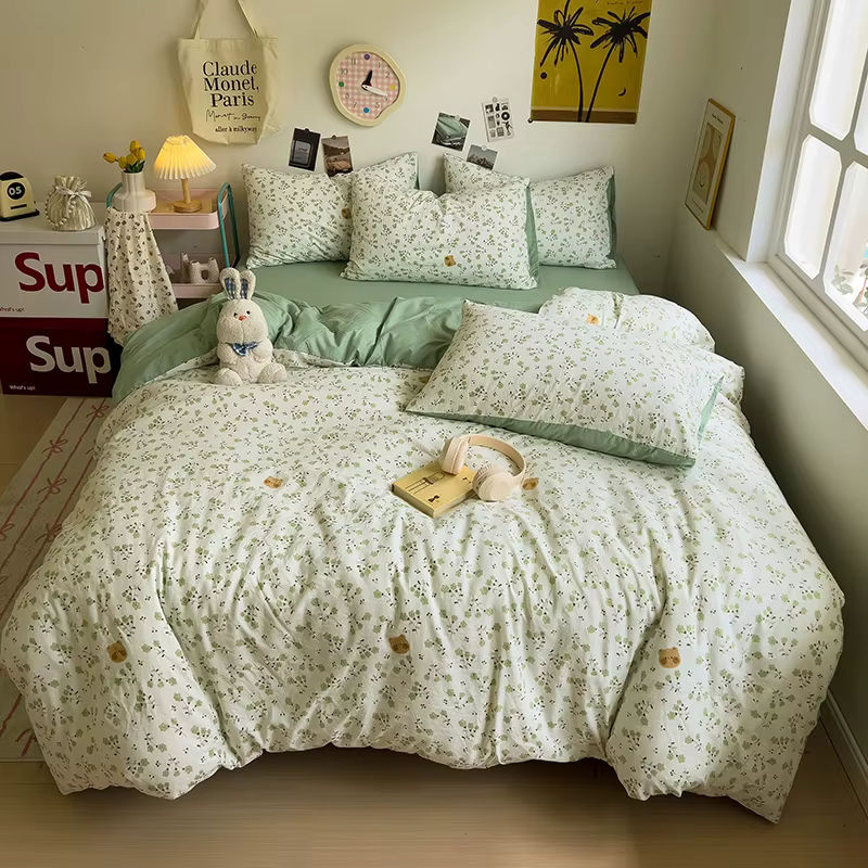 Dreamreal Bettwäsche Set Koreanische Retro Blumen aus 100% gewaschener Baumwolle in Grün - Bild 2