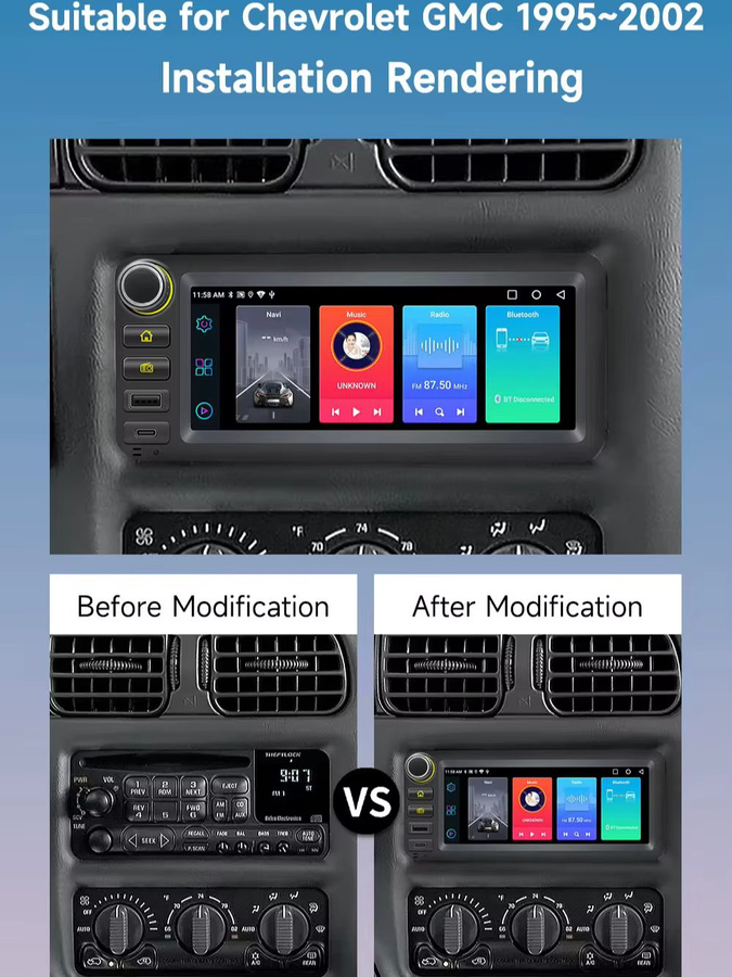 BQCC Single-DIN-Autoradio für Chevrolet GMC 1995-2002 mit 6,86 Zoll Display, Bluetooth, Mirror-Link, USB und Rückfahrkamera in Schwarz - Bild 4