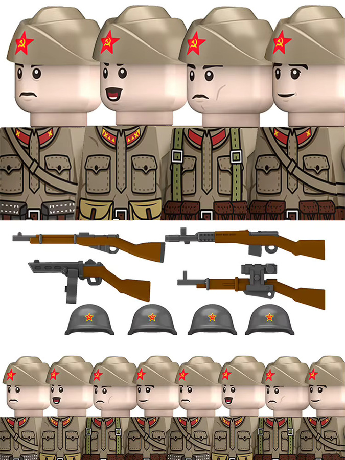 Brangdy Spielzeug Bausteine Sowjetische M35 Uniform Figuren WW2 Russland Armee Infanterie mit Stahlhelm und PPS Waffen, Mehrfarbig - Bild 2