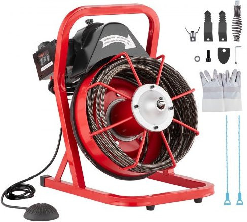 VEVOR Elektrische Rohrreinigungsmaschine mit 15 m Kanalisationsspirale in Rot-Schwarz, 250 W mit 4 Schneidköpfen und Fußschalter für Rohre von 2 bis 4 Zoll - Bild 1
