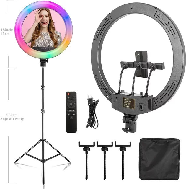 RGB Ringlicht Set mit Stativ und Telefonhalterung für Fotografie und Make-up, 45 cm Ringlampe in Schwarz und Weiß - Bild 1