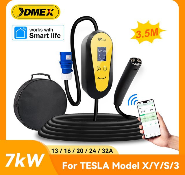 JDMEX Tragbares Tesla EV Ladegerät mit App-Steuerung, 7kW 32A 1-Phase EVSE Wallbox-Ladegerät in Schwarz - Bild 1
