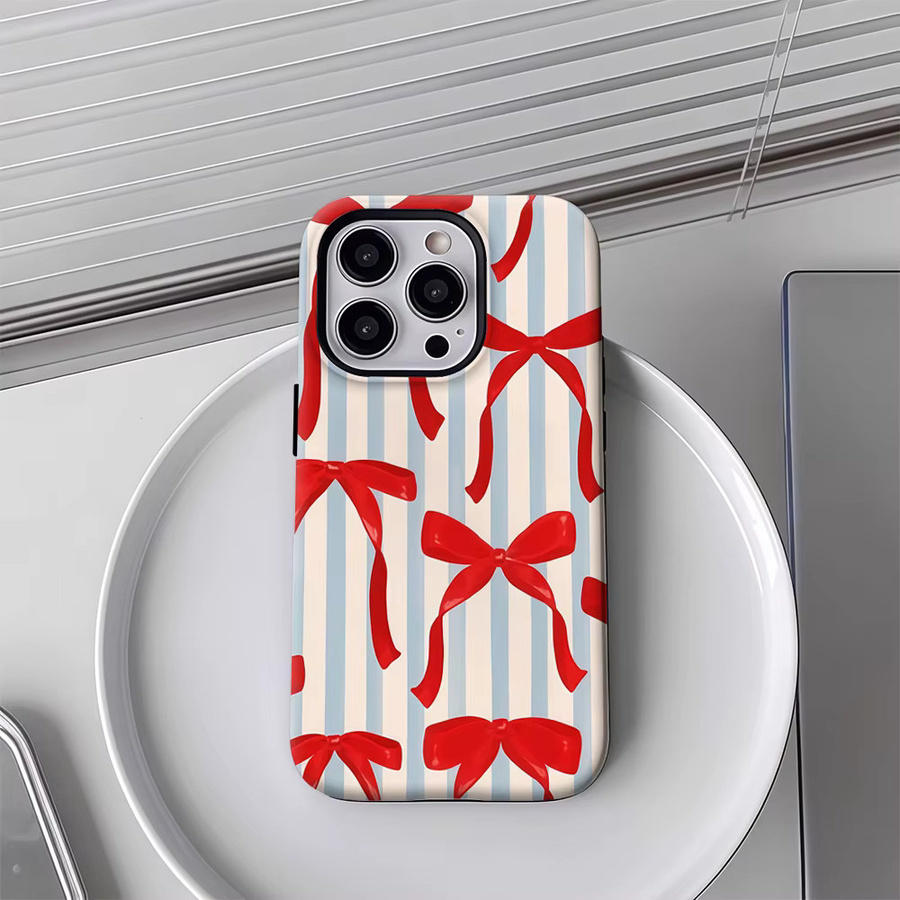 Potdemiel Handyhülle mit rotem Schleifenmuster und blau-weißem Streifendesign für iPhone 17 16 15 14 13 12 Pro Max Plus mit doppelschichtiger Rückseite - Bild 4