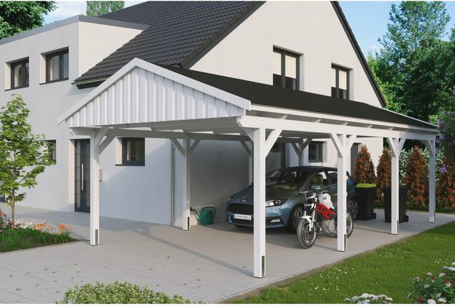 Skan Holz Carport Fichtelberg aus Fichte Leimholz in Weiß mit spitzer Dachform und Dachschindeln B/T: 423 x 808 cm, Höhe: 326 cm - Bild 1