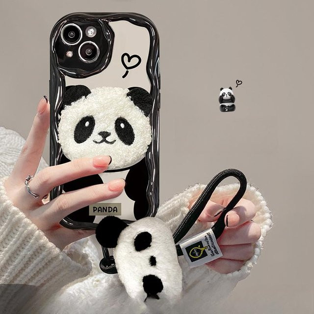 Silikon Handyhülle mit Panda Cartoon Design und Lanyard für Apple iPhone 11, 12, 13, 14 und 15 Pro Max in Weiß - Bild 1