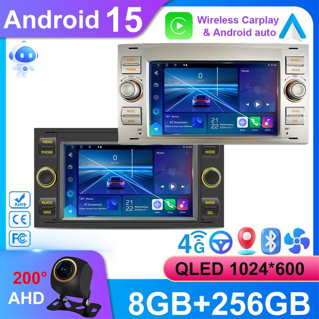Nevegetor Android 15 Auto Radio mit WiFi, GPS und Bluetooth für Ford Mondeo, S-Max, Focus, C-MAX, Galaxy, Fiesta, Transit, Fusion und Kuga in Schwarz - Bild 1