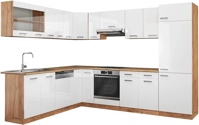 Vicco R-Line Eckküche in Weiß Hochglanz und Goldkraft Eiche, moderne Einbauküche ohne Elektrogeräte, B/T/H: 227 x 287 x 207 cm - Bild 1