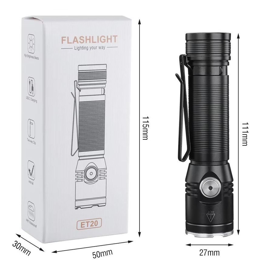 BORUiT ET20 Superhelle LED-Taschenlampe mit 2050 Lumen, wiederaufladbar via Typ C, wasserdichte 6-Modus Campinglaterne in Schwarz - Bild 5