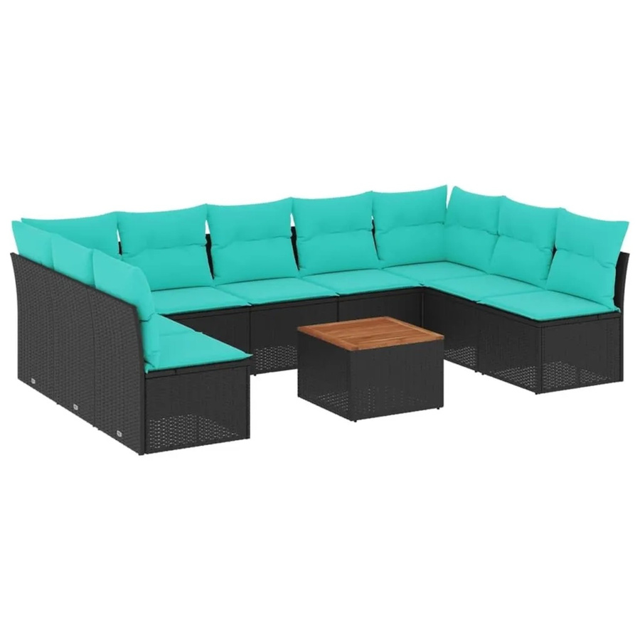 vidaXL 10-teilige Garten-Sofagarnitur mit Kissen aus Poly-Rattan und Akazienholz in Schwarz - Bild 2