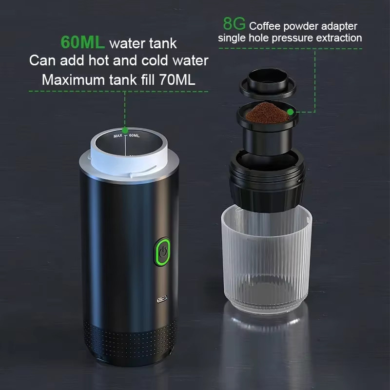 DENOKIN 3-in-1 Tragbare Espressomaschine für unterwegs und zu Hause, Drahtlose elektrische Reise-Kaffeemaschine für Kapseln und Pulver, Grau/Schwarz - Bild 5