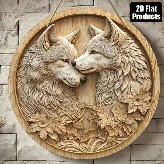 CIFBUY Vintage Wolf Wandkunst aus Holz und Metall in Braun, Rundes Rustikales Schild zur Heimdekoration - Bild 1