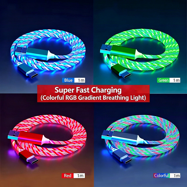 NNBULI USB Typ-C Schnellladekabel mit LED-Leuchteffekt in Rot, 3A Ladeleistung für Samsung, Xiaomi und Huawei - Bild 1
