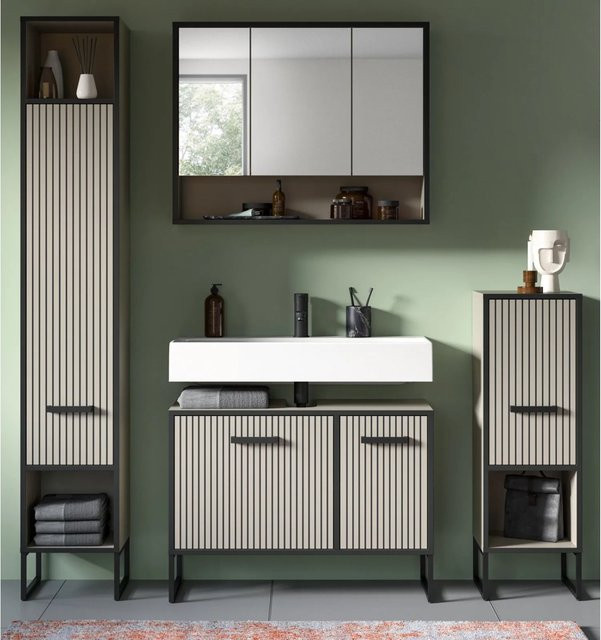 Inn.Furn Badmöbel Set Scana 4-teilig in Sand mit Hochschrank, Spiegelschrank, Badkommode und Waschbeckenunterschrank, B/H: 170 x 192 cm - Bild 1