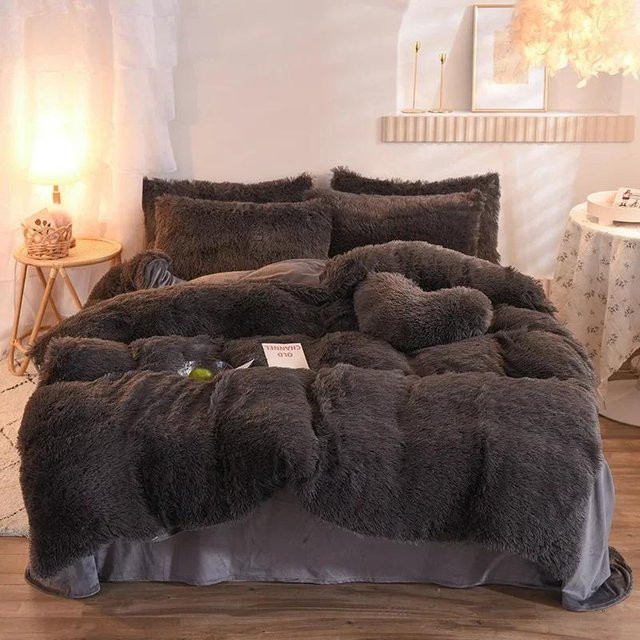 Bin Chi Textiles Bettwäsche Set aus flauschigem Flanell und Samt in Dunkelgrau, B/H: 180 x 200 cm - Bild 1