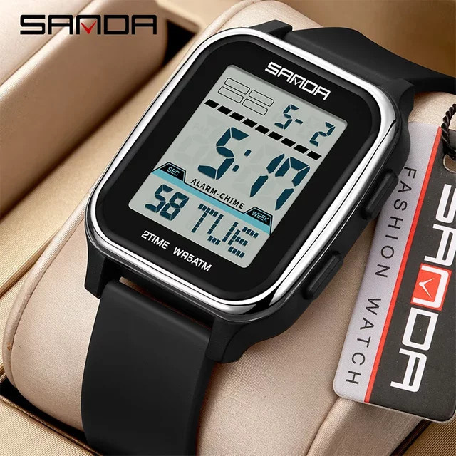 SANDA Digitaluhr, Herren, eckig, Kunststoff, Silikon, Schwarz, Black Red - Bild 1