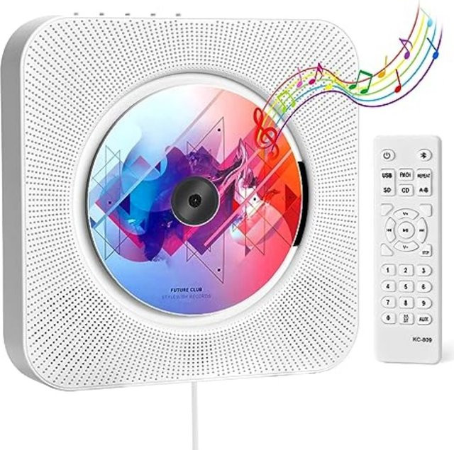 Qoosea Wandmontierter CD-Player mit LCD-Display, Bluetooth-Lautsprecher, FM-Radio und USB-Anschluss, Farbe: Weiß - Bild 1