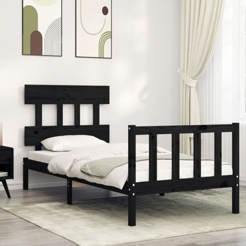 Massivholzbett aus Kiefer mit Kopfteil von vidaxl in Schwarz im Landhaus- und minimalistischen Stil, B/T/H: 190 x 80,5 x 81 cm - Bild 1