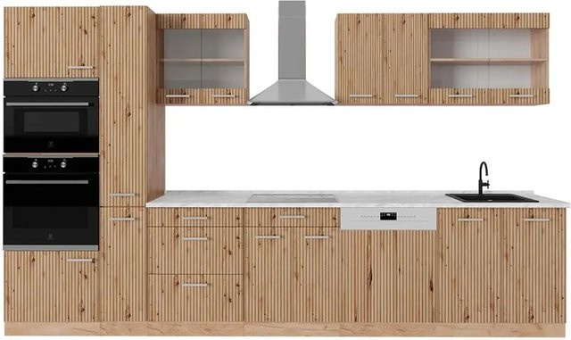 Vicco R-Line Küchenzeile Artisan-Eiche/Goldkraft Eiche mit Hochschrank und Marmor-Arbeitsplatte, Breite: 350 cm - Bild 1