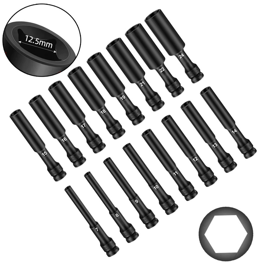 DAZZLEEX Schlagschrauber Hex-Buchsen Set mit 1/2 Zoll Stick-Sockel und Adapter, 8-24mm, Schwarz - Bild 2