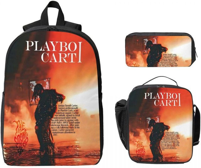 3-teiliges Schultaschen-Set von Fancy Style Studio mit Rucksack, Federmäppchen und Brotdose im Playboi Carti Design, mehrfarbig - Bild 1