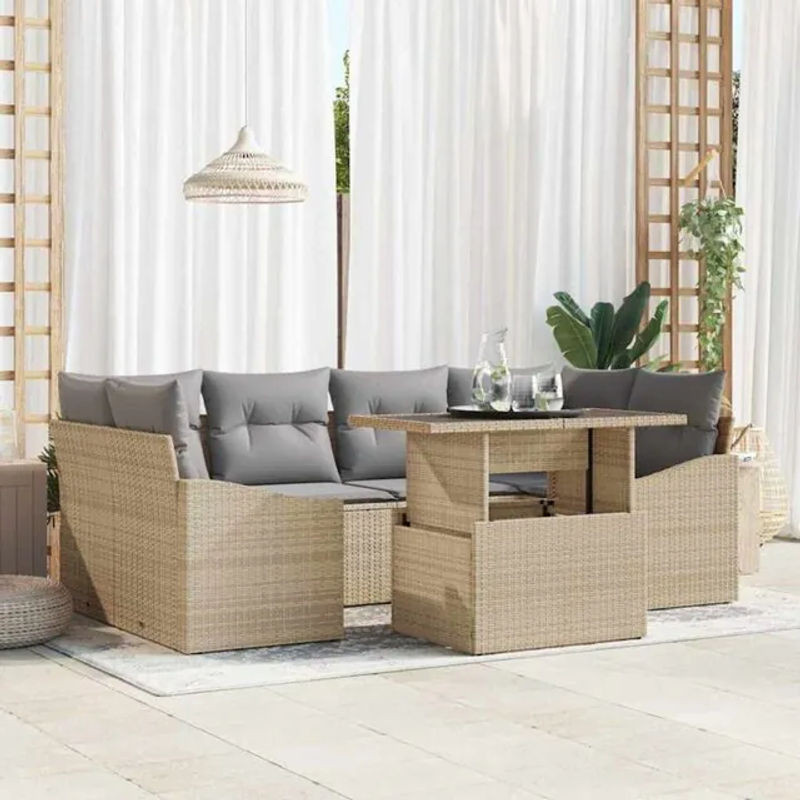 7-teiliges Gartenmöbel-Set von vidaxl aus Polyrattan in Beige und Grau, B/T/H: 100 x 55 x 73 cm - Bild 1