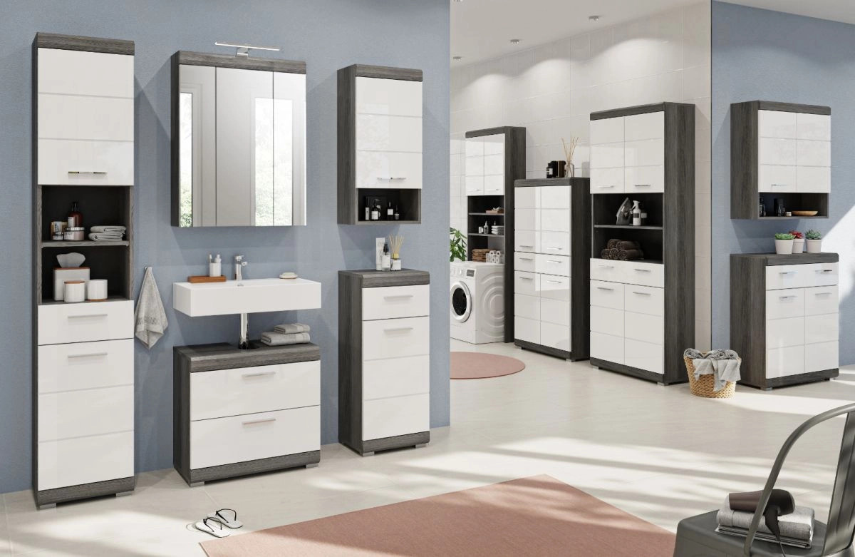 Inn.Furn Badmöbel-Set Shawn 2-teilig in Weiß Hochglanz und Grau mit Spiegel und LED-Beleuchtung, Breite: 60 cm - Bild 5