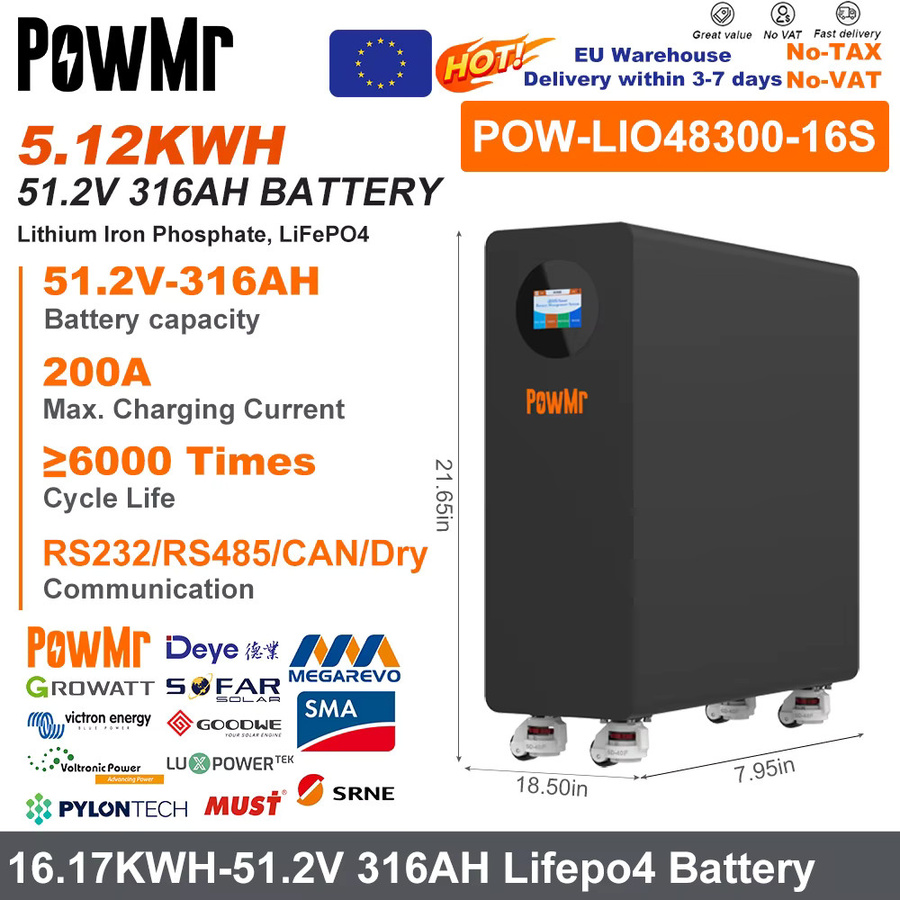 PowMr LiFePO4 Batterie 48V 51.2V 300Ah 15KWH mit intelligentem BMS in Schwarz - Bild 2