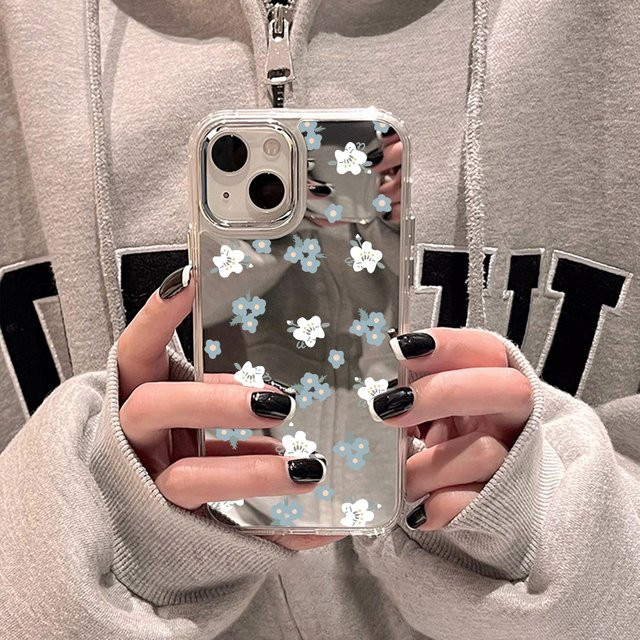 Kardeem Spiegel Handyhülle mit Blumenmuster für iPhone 11 12 13 14 15 Pro Max XR XS in Multicolour, stoßfeste Silikon Schutzhülle - Bild 1