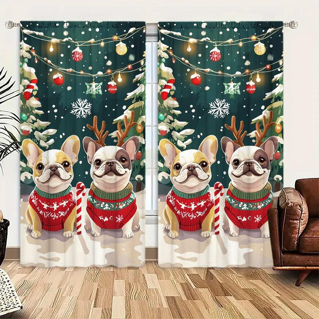 2er-Set Weihnachts-Vorhänge mit Französische Bulldogge Motiv in Grau, Breite: 52,5 cm, Höhe: 116 cm - Bild 1