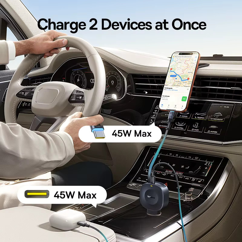 Baseus 45W Autoladegerät mit integriertem einziehbarem Kabel in Schwarz für iPhone, Samsung, Xiaomi und HUAWEI - Bild 5