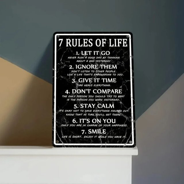 Metall-Blechschild CIFBUY 7 Rules of Life in Schwarz, Motivierende Wandkunst im Vintage-Stil für Erwachsene - Bild 1