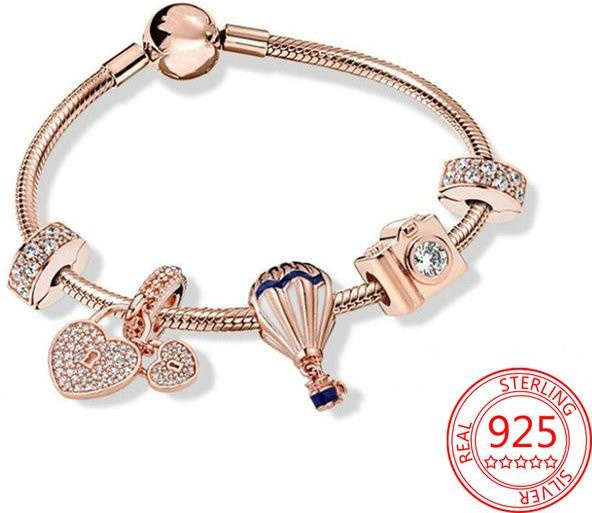 Schmuck-Set Schlangenarmband und Halskette, 925 Silber, Roségold, Zirkonia, Unisex - Bild 1