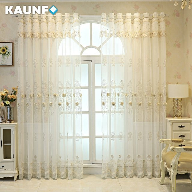 KAUNFO Tüll-Vorhang mit Blumenstickerei in Weiß oder Beige, französischer Stil aus Spitze und Voile, B/H: 100 x 270 cm - Bild 1