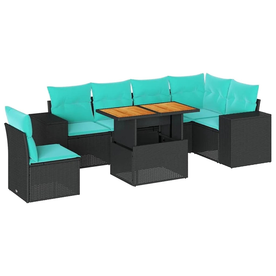 vidaXL 7-teilige Garten-Sofagarnitur in L-Form aus schwarzem Poly-Rattan mit blauen Polsterkissen und pulverbeschichtetem Stahlgestell - Bild 2