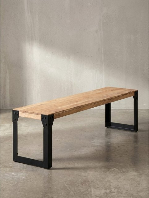 KADIMA DESIGN Esszimmerbank aus Massivholz Akazie und Metall im Industrial Style, Braun/Schwarz, B/T/H: 140 x 40 x 45 cm - Bild 1