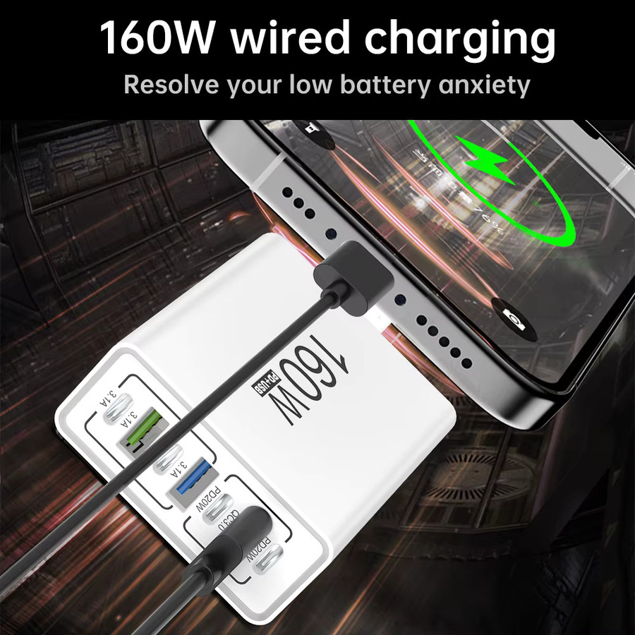 160W USB-Schnellladegerät mit PD und QC3.0 Typ-C Ladeadapter in Weiß für iPhone, Samsung und Xiaomi - Bild 2