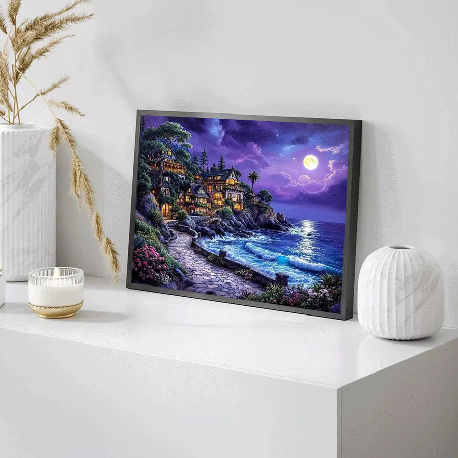 Huacan 5D-Diamantgemälde Set Meer Nachtlandschaft mit runden Steinen in Mehrfarben, Breite: 30,0 cm, Höhe: 20,0 cm - Bild 3
